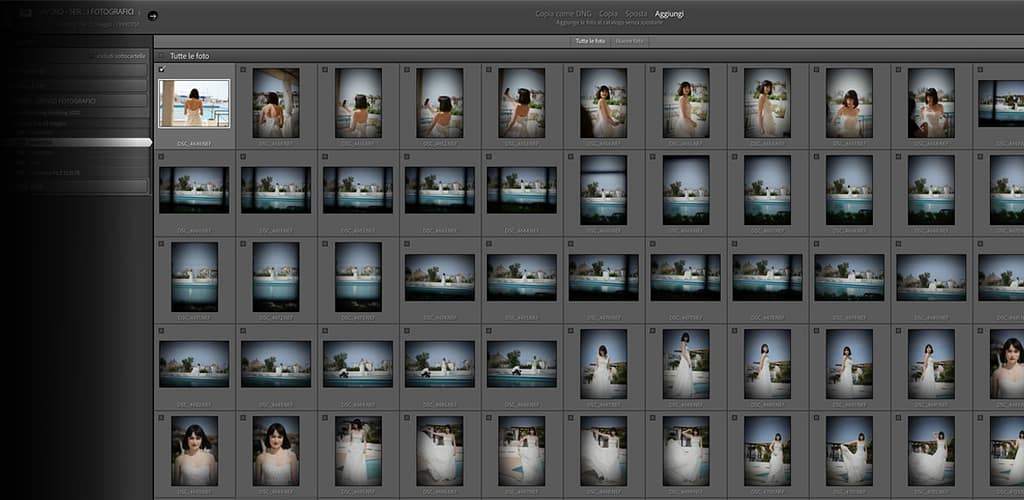 Schermata di Lightroom con miniature di foto da importare per uno shooting fotografico di wedding con modelle